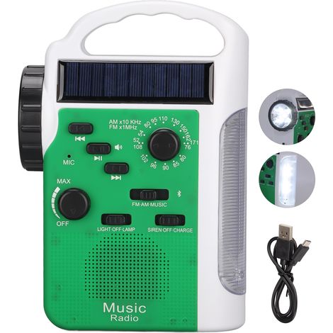 Radio d'urgence multifonction FM/AM avec manivelle, chargeur solaire et pour téléphone, idéal pour situations d'urgence à la maison. (1/5)
