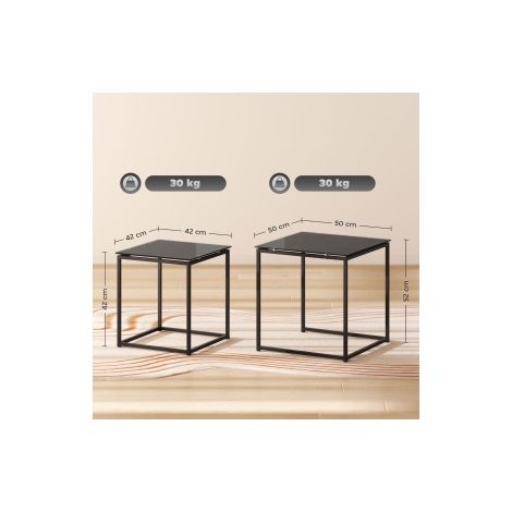 Ensemble de 2 tables basses noires en acier avec plateaux carrés en verre, pour salon, séjour et espace détente (1/5)