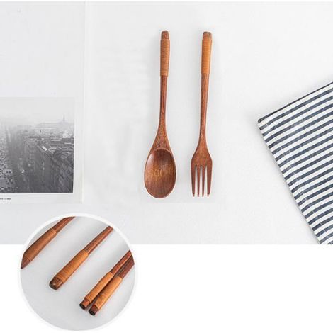 Lot de 8 Pièces Vaisselle en Bois Cuillère Fourchette Long Manche Résistant à la Chaleur Camping Brun (1/5)
