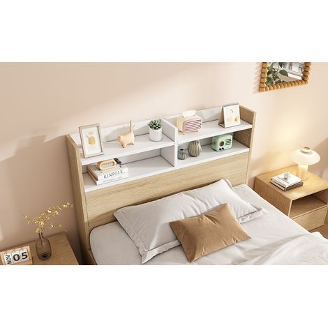 Lit simple en bois 90x200 Blanc/Chêne, lit bicolore avec étagère de tête de lit, 2 tiroirs et niches ouvertes, partiellement en bois massif, lit de rangement pratique pour petits espaces, sans matelas (1/5)