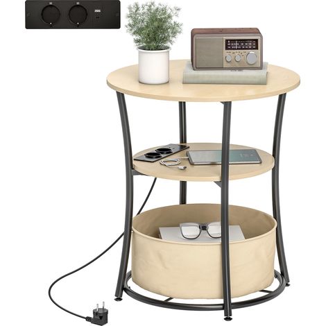Table d'appoint ronde à 3 niveaux avec station de recharge, 3 étagères et sac de rangement pour salon/chambre Ø50 x 55,1 cm Naturel (1/5)