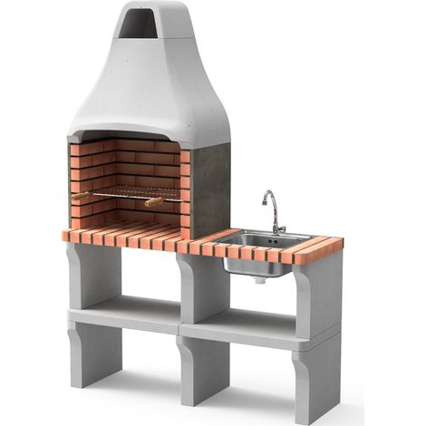 MOVELAR - Barbacoa de Obra Prefabricada de Leña y Carbón Modelo New Iberia Plus XL con Soporte Lateral y Fregadero (Gris, Naranja - 128 x 47 x 190 cm) REF: M00197 - Cocina de Exterior para Jardín o Pa (1/3)