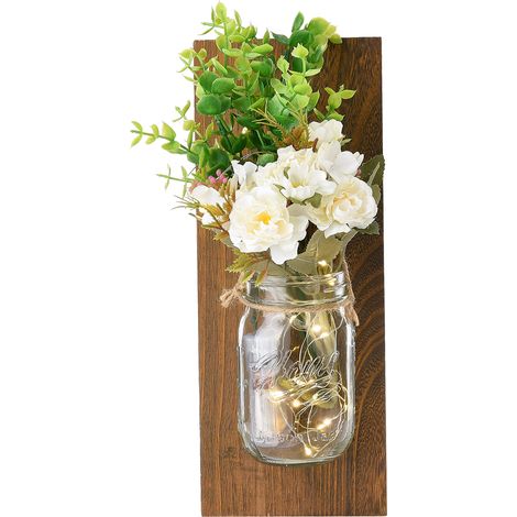 Aplique de pared LED rústico con tarros de cristal, madera y planta decorativa para el hogar, luz nocturna decorativa para salón, cocina y dormitorio con mando a distancia. (1/5)