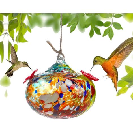 Mundgeblasener Kolibri-Futterspender aus Glas, hängender Futterspender für Wildvögel, ameisen- und bienenresistent, Außendekoration für Garten oder Hof, A