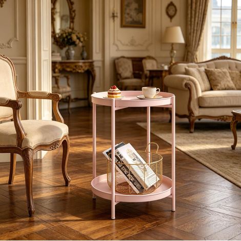Mesa auxiliar redonda de metal 44 x 44 x 53 cm rosa con 2 bandejas extraíbles y patas regulables (1/5)