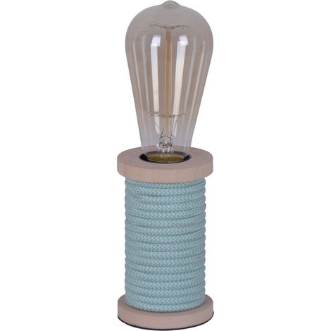 Lampe à Poser Décorative Design Bobine de Fil en Bois et Textile Turquoise et Blanc E27 12 cm - PANGIVO (1/5)