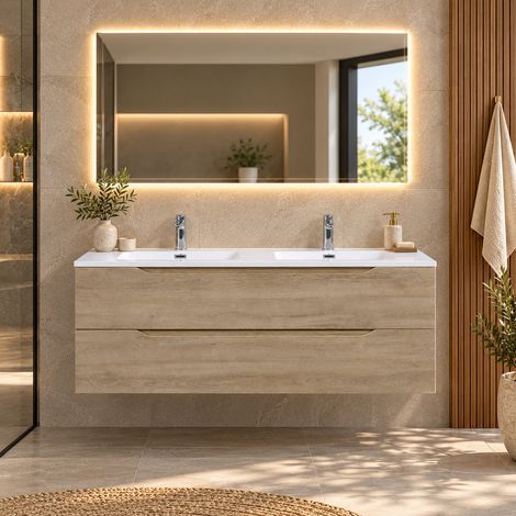Meuble salle de bain design double vasque COMBO largeur 120 cm chêne clair texturé 90 cm (1/5)