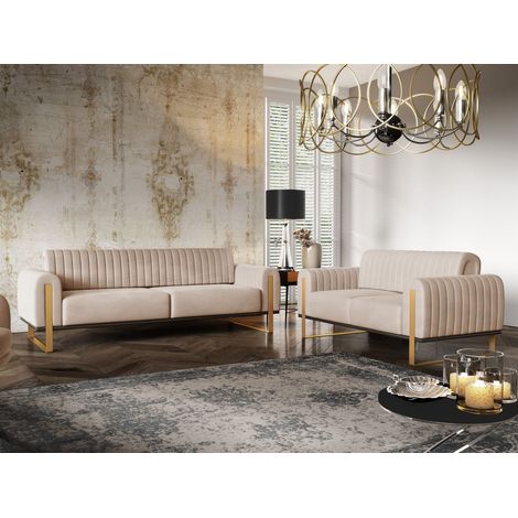 Sofaset Designersofas VALERIE 3-2 in Stoff Stoff Elisa Velvet Beige (1/5)