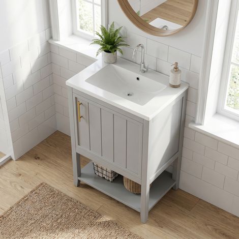 URBAN MEUBLE Meuble de Salle de Bain 60cm avec Vasque Céramique et Étagère, Gris Clair (robinet non inclus) (1/5)