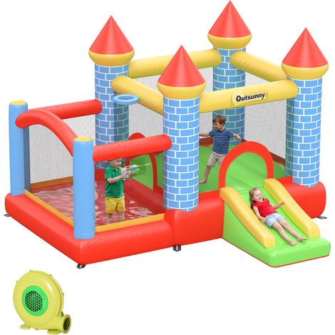 Outsunny Aufblasbare Hüpfburg mit Rutsche Pool für 3 Kinder Burg Springburg mit Gebläse Spielburg Spielhaus für 3-8 Jahre Oxford-, Polyester-Gewebe Rot+Blau+Grün 280 x 260 x 210 cm