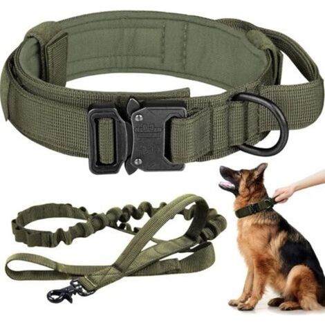 Robustes, verstellbares Militärleinen- und taktisches Halsbandset mit Metallgriff und Schnalle für mittelgroße und große Hunde (L, grün) (1/4)