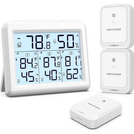 Thermomètre Hygromètre Numérique sans Fil avec 3 Capteurs, Thermomètre Connecté, Écran LCD, Enregistrement Min/Max, Commutateur ℃/℉, Thermomètre Intérieur et Extérieur pour Maison, Bureau-Blanc (1/5)