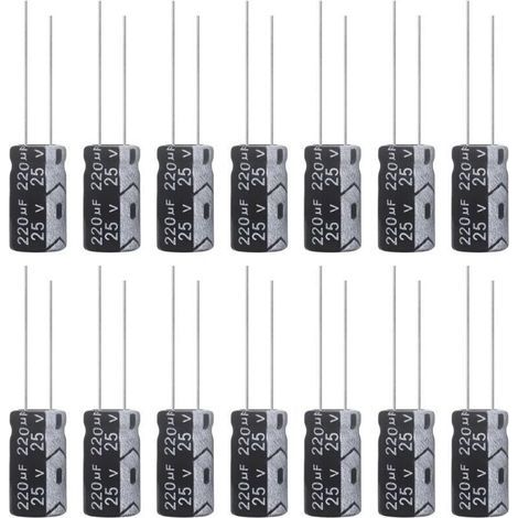 Condensateur 220uF 25V Condensateurs Électrolytiques Aluminium 6x12MM Electrolytic Capacitor 220 uF MFD 105°C (Paquet de 15 Pièces) (1/5)