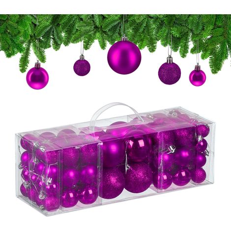 Relaxdays Weihnachtskugeln im 76er Set, Kunststoff, glitzernde, matte, glänzende Baumkugeln, Christbaumschmuck, pink