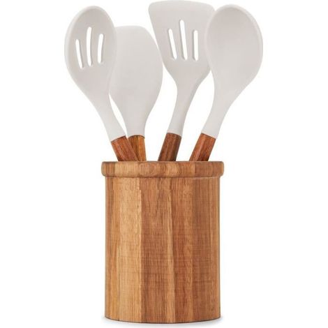 Set de 4 ustensiles avec pot - LIVOO - MES153G - Pot et ustensiles acacia FSC - En silicone 31 cm - Pot 15 sx 12 cm (1/5)