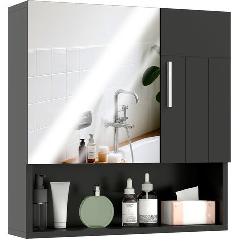 Mobiletto con specchio da bagno e ripiani regolabili, specchio da bagno con mobiletto a 2 ante e ripiano aperto in legno e vetro, 54x15,2x55,3 cm, nero