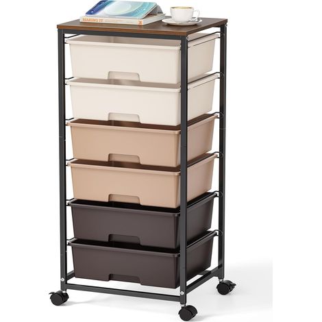Chariot de rangement à 6 tiroirs avec plateau en bois,marron (1/5)