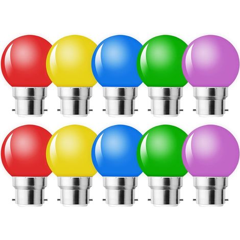 Pack of 10 B22 1W LED Light Bulbs, Colourful Energy Saving Light Bulbs, Christmas Bulbs, Red, Yellow, Blue, Green, Purple (1/5)
