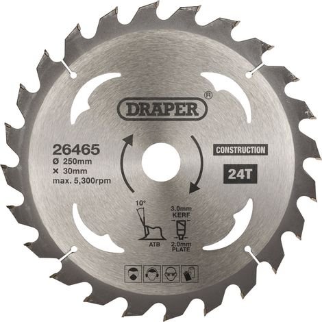 Draper TCT Construction Circular Saw Blade – 250mm Diameter, 30mm Arbor, 24 Teeth, Model 26465