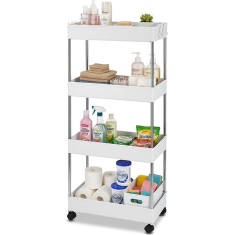 Carrello Multiuso Salvaspazio Bianco A 4 Livelli Per Cucina E Bagno Con Ganci