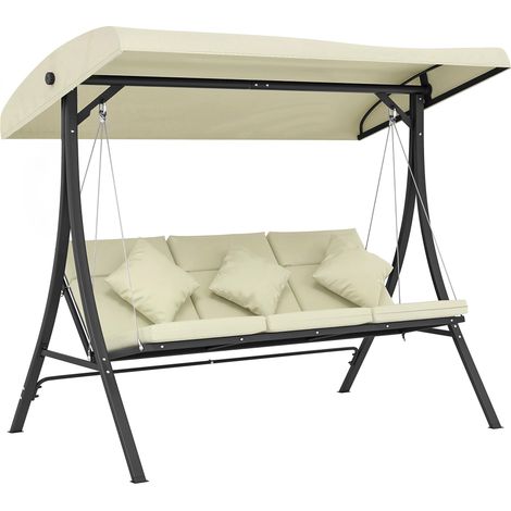 Outsunny columpio de jardín exterior de 3 plazas con techo ajustable cojines, almohadas y estructura de acero, carga 320 kg, 202x115x168 cm, beige