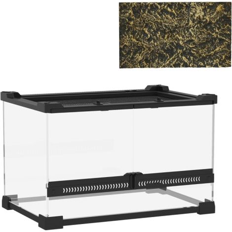 30x20x20cm Reptile Glass Terrarium with Stone Background, Front Ventilation, Escape-Proof Lock - Black Habitat for Reptiles (1/5)