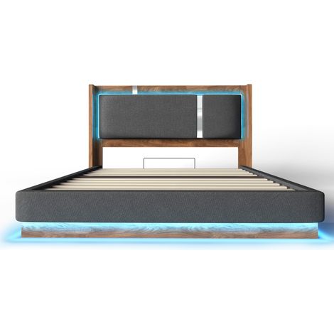 Doppelbett 140x190 cm gepolstert grau mit Lattenrost, LED und Bettkasten, ohne Matratze (1/5)