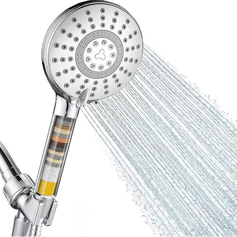 Filtered Shower Head with 15-Stage Hard Water Filter - High Pressure 5-Spray Modes Handheld Showerhead for Dry Skin & Hair - Dechlorination & Water Softener with Negative Ion, Chrome Silver (1/5)