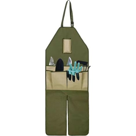 Tablier de jardinage en tissu Oxford 600D imperméable, long et ajustable, avec protection des jambes et multiples poches pour la cueillette et la taille, idéal pour les travaux extérieurs. Vert avec p (1/4)