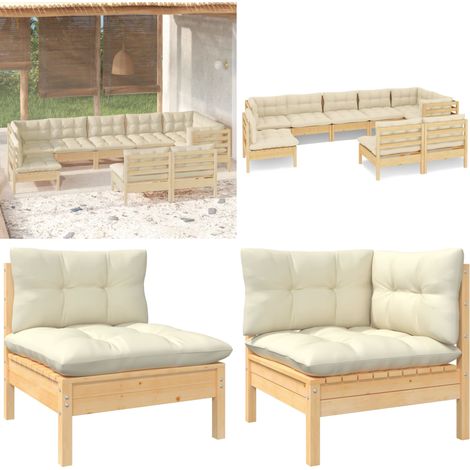 Salon de jardin 9 pcs avec coussins crème bois de pin massif - Salon De Jardin - Mobilier De Jardin - Ensemble Salon De Patio - Ameublement Exterieur - Terrasse - Home & Living (1/5)