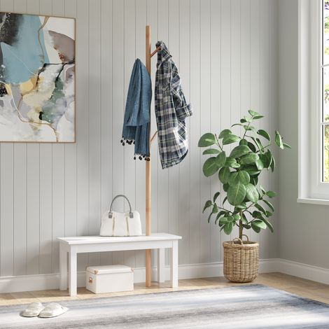 Garderobenbank mit Bambus-Bodengarderobe, weiße Garderobenbank, Design, auch für Schlafzimmer geeignet, 80 x 30 x 180 cm, weißes Holz