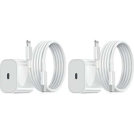 Lot de 2 chargeurs iPhone - Chargeur rapide - Adaptateur + câble de 2 m 20 W Lightning Blanc (1/5)