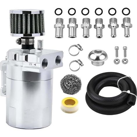 Récupérateur d'huile universel en aluminium argenté de 300 ml avec filtre reniflard et conduite de carburant NBR de 9,5 mm / 6 raccords / Accessoires nécessaires (1/5)