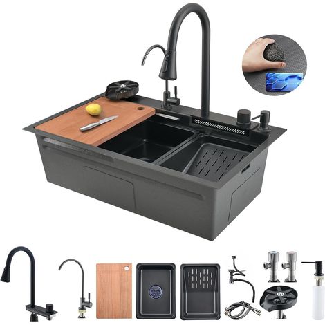 Évier de Cuisine, Cascade Multifonction, Evier de Cuisine à Comptoir Lavabo Acier Inoxydable avec Lave Verre (1/5)