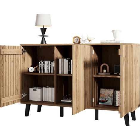 ELVMI Credenza con 3 Ante e 6 Scomparti per Soggiorno, in Truciolare, Legno Naturale, 150×40×95 cm (1/5)