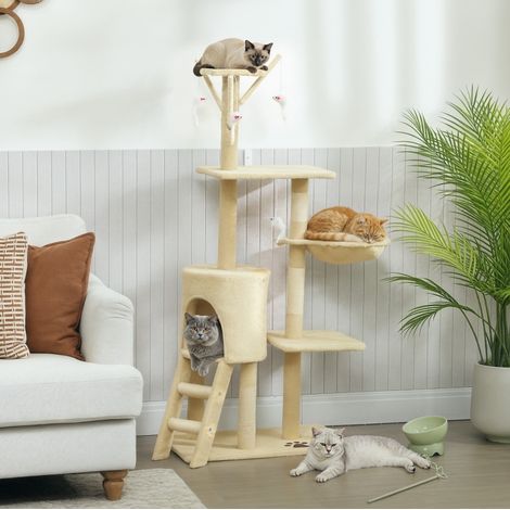 Albero tiragraffi con cuccia, 134 cm, 4 giochi, scaletta, beige HAVRYA (1/3)