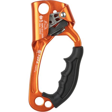 Mousqueton ascendeur main droite orange pour escalade rocheuse, multi-usages extérieur, alpinisme, ascension d'arbres manuelle.