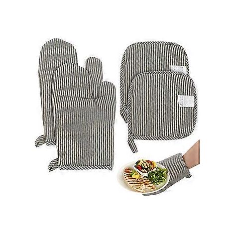 Ofenhandschuhe mit Topflappen, 4er-Pack doppelt hitzebeständige Ofenhandschuhe, gestreift, hitzebeständig, sicher für Küche, Kochen, Backen, Grillen (Grau)