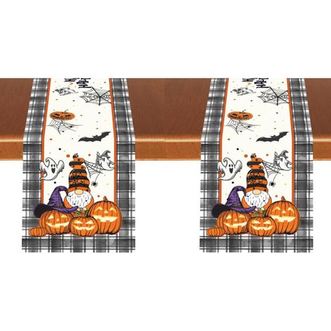 Camino de mesa de Halloween con diseño de gnomos, calabazas, fantasmas y murciélagos a cuadros blancos y negros, decoración de cocina, 33 x 183 cm (2 piezas) (1/4)