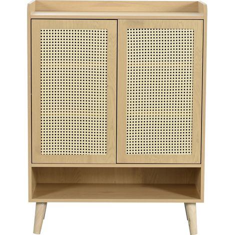 Meuble à chaussures en rotin naturel avec 2 portes et 5 étagères, pieds et poignées en bois, 80x105x35 cm, couleur chêne (1/5)