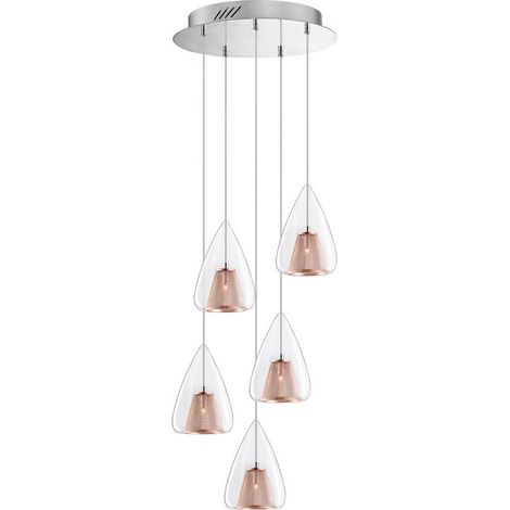 Merano Escondido Plafonnier suspendu à 5 lumières, aluminium chromé, verre transparent, cadre en or rose LED G9