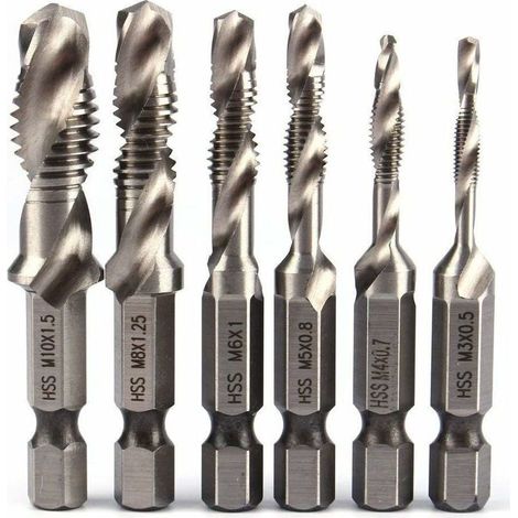 Foret Taraudeur - 6 Pièces - Tige Hexagonale 1/4" - Filetage Métrique M3 à M10 - Pour Acier Cuivre Aluminium Bois - Set Combiné HSS (1/5)