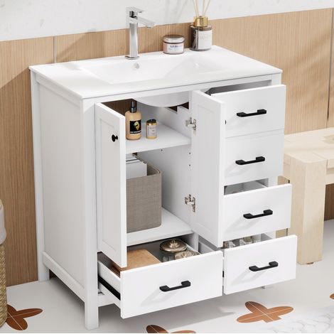 Mueble de baño de 76x46x82 cm con espacio de almacenamiento, 4 cajones, estantes ajustables, cerámica blanca (1/5)