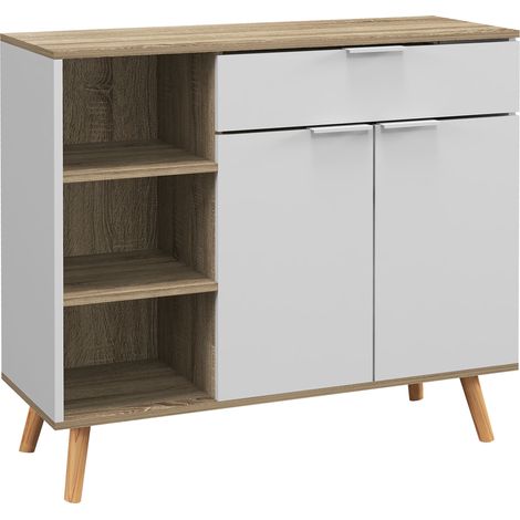 Buffet blanc et naturel 95x35x85 cm avec 1 tiroir, 2 portes à fermeture douce et étagères réglables, meuble design scandinave pour salon pratique et élégant