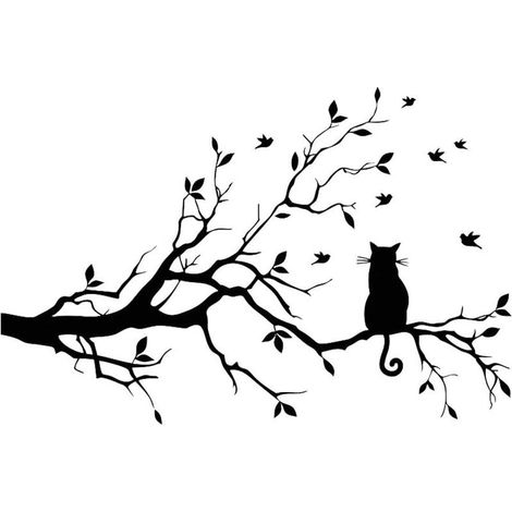 Sticker mural décoratif en vinyle amovible, motif branches et chats, oiseau, autocollant, noir, idéal pour la décoration de la maison et de la chambre. (1/5)