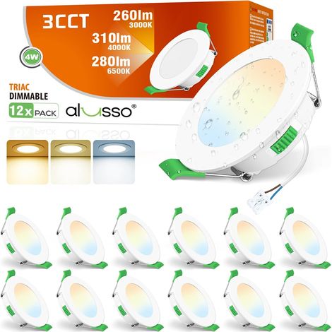 Spot LED Encastrable 4W 310LM Dimmable IP44 3CCT 55-68mm Lot de 12 Spot LED encastrable 230 V, blanc chaud 3000 K, blanc neutre 4000 K, blanc froid 6500 K, IP44 pour salle de bain (1/5)