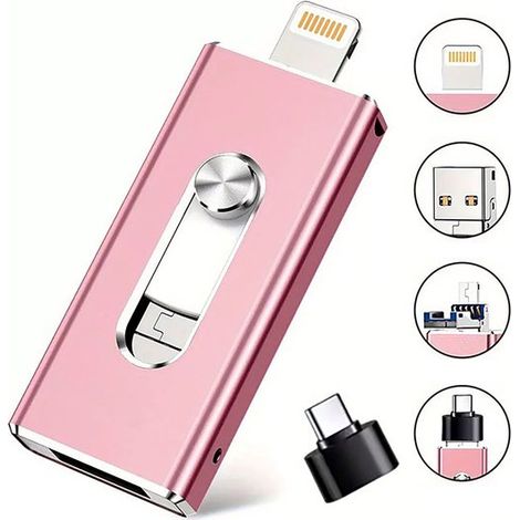 Clé USB 256 Go 4 en 1, compatible iPhone, iPad, Android et PC, stockage externe pour photos, vidéos et fichiers, Plug-and-Play, rose (1/5)