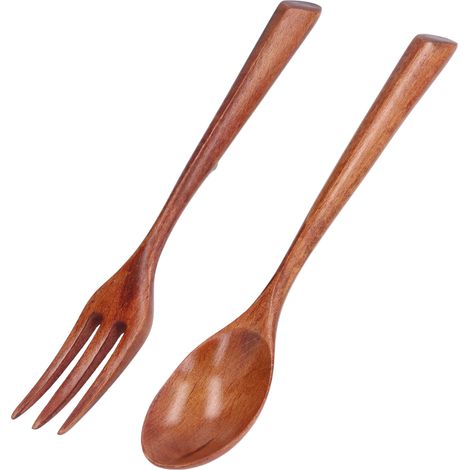 Lot de 2 ustensiles en bois naturel : cuillère et fourchette à manche triangulaire, couverts écologiques pour repas (1/5)