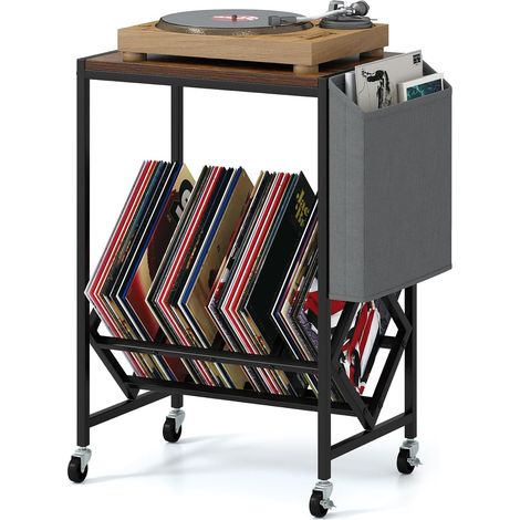 COSTWAY Supporto per Giradischi, Porta Dischi Vinili in Legno e Metallo, Mobile con Tasca Organizer e Ruote, Fino a 200 Album, per Soggiorno, Studio e Camera da Letto (Marrone + Nero) (1/5)