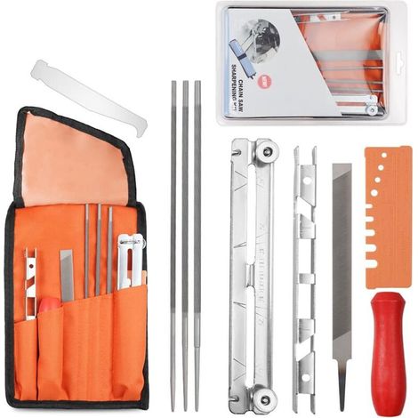 Kit per affilare la catena, 10 pezzi per affilare la catena della motosega, kit portatile per affilare la catena della motosega con lima piatta, impugnatura, lime rotonde e custodia per affilare.